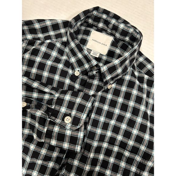American Eagle Mens Button Down Long Sleeve Plaid Black White Size XSmall - Picture 1 of 7